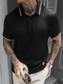 Manfinity Homme 男士高級紋理壓紋 Polo 衫，黑色對比飾邊皮革貼片休閒百搭 Polo 衫，正式款 - 黑色 - 查看 4