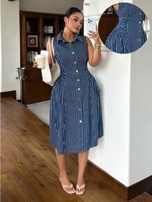Rivivi Striped Print Loose Fit Plus Size Denim Sleeveless Dress,Fall/Winter Brunch Vacation Casual 80s - Blue - View 1