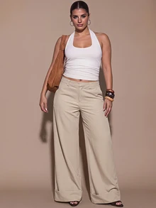 SHEIN BAE CURVE Plus Size Women's Apricot Solid Twill Woven Button Pocket Simple Low-Waist Long Pants, Suitable For Commuting, Casual, Fashion Outings,Office Wear - Apricot - View 2