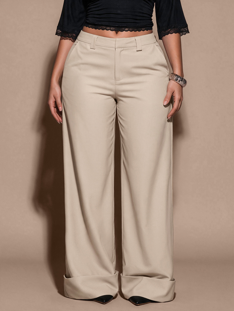 SHEIN BAE CURVE Plus Size Women's Apricot Solid Twill Woven Button Pocket Simple Low-Waist Long Pants, Suitable For Commuting, Casual, Fashion Outings,Office Wear - Apricot - View 3