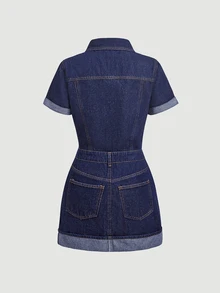 Sweetra 女款休閒牛仔洋裝，深藍色，秋冬早午餐穿搭，聖誕服飾 - 藍色 - 查看 2