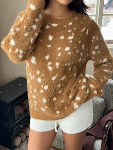 CovetEZ 女款圓領長袖動物印花休閒毛衣，寬鬆版型聖誕毛衣，鹿圖案 - 棕色 - 查看 5