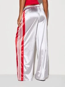 SUMWON WOMEN Oversized Sports Wide Leg Satin Jogger Pants With Hot Pink Side Panel Stripe Detail And Logo Print For Spring Summer - Grey - View 5