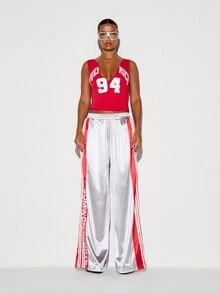 SUMWON WOMEN Oversized Sports Wide Leg Satin Jogger Pants With Hot Pink Side Panel Stripe Detail And Logo Print For Spring Summer - Grey - View 3