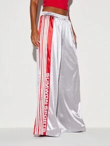 SUMWON WOMEN Oversized Sports Wide Leg Satin Jogger Pants With Hot Pink Side Panel Stripe Detail And Logo Print For Spring Summer - Grey - View 1