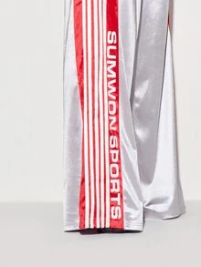 SUMWON WOMEN Oversized Sports Wide Leg Satin Jogger Pants With Hot Pink Side Panel Stripe Detail And Logo Print For Spring Summer - Grey - View 4