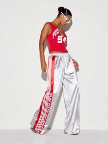 SUMWON WOMEN Oversized Sports Wide Leg Satin Jogger Pants With Hot Pink Side Panel Stripe Detail And Logo Print For Spring Summer - Grey - View 2
