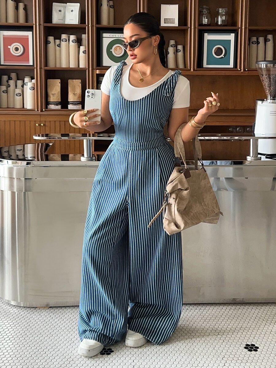 Rivivi 性感休閒可愛寬鬆印花條紋大尺碼牛仔連身褲 秋冬早午餐派對度假藍色 - 藍色 - 查看 1