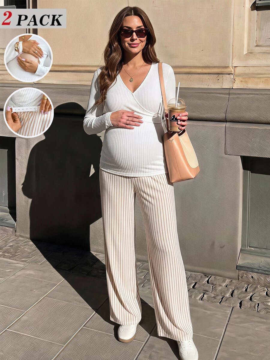 SHEIN Maternity Solid Color V-Neck Nursing Long Sleeve Top And Adjustable Waist Long Pants Casual 2 Pieces Set Fall - Multicolor - View 1