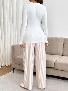 SHEIN Maternity Solid Color V-Neck Nursing Long Sleeve Top And Adjustable Waist Long Pants Casual 2 Pieces Set Fall - Multicolor - View 7
