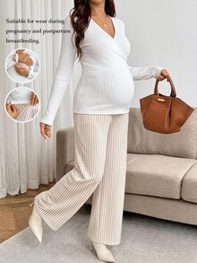 SHEIN Maternity Solid Color V-Neck Nursing Long Sleeve Top And Adjustable Waist Long Pants Casual 2 Pieces Set Fall - Multicolor - View 2