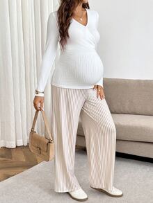SHEIN Maternity Solid Color V-Neck Nursing Long Sleeve Top And Adjustable Waist Long Pants Casual 2 Pieces Set Fall - Multicolor - View 4
