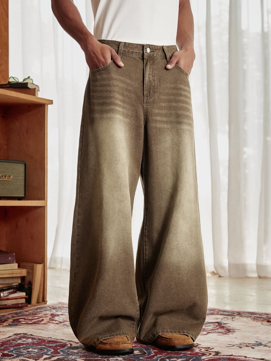 SWAVVY Celana Jeans Denim Kasual Pria dengan Saku dan Kancing untuk Pemakaian Sehari-hari - Coklat - View 1
