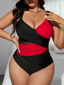 SHEIN Swim Plus Size Women Cross-Over Double-Color Mesh Patchwork One-Piece Swimsuit, Summer Beach Party Holiday Black Elegant Tropical - Multicolor - View 1
