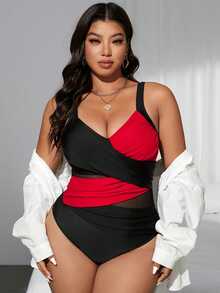 SHEIN Swim Plus Size Women Cross-Over Double-Color Mesh Patchwork One-Piece Swimsuit, Summer Beach Party Holiday Black Elegant Tropical - Multicolor - View 4