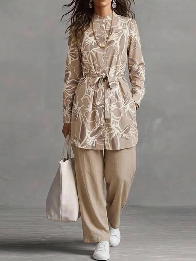 EMERY ROSE Belted Button Front Collar All Over Print Autumn Women Two Pieces Outfits Everyday Daytime Beige Modest Elegant Setup Autumn Winter Women