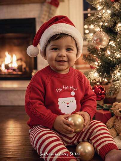 Cozy Pixies Baby Boy Fashion Casual College Style Sweater, Round Neck Long Sleeve Design, Soft And Comfortable Texture, 3D Plush Christmas Pattern, Suitable For Autumn/Winter Wear And New Year Outfits