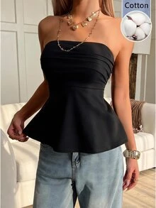 SHEIN EZwear 黑色針織抓皺下擺時尚抹胸上衣 - 黑色 - 查看 8