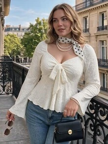 SHEIN MOD Plus Size Fashion Women's Lace Blouse, Sweetheart Neck Long Sleeve Ruffle Top, Apricot - Apricot - View 6