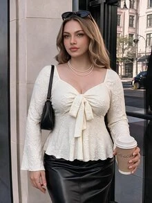 SHEIN MOD Plus Size Fashion Women's Lace Blouse, Sweetheart Neck Long Sleeve Ruffle Top, Apricot - Apricot - View 7