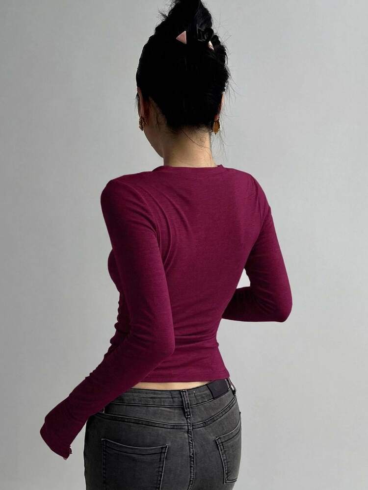 DAZY Women's Half-Zip Long Sleeve Bodycon T-Shirt - Rose Red - View 2