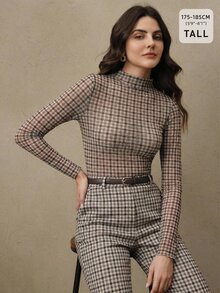 Anewsta Tall Women's Houndstooth Pattern Stand Collar Long Sleeve Slim Fit Top - Brown - View 1