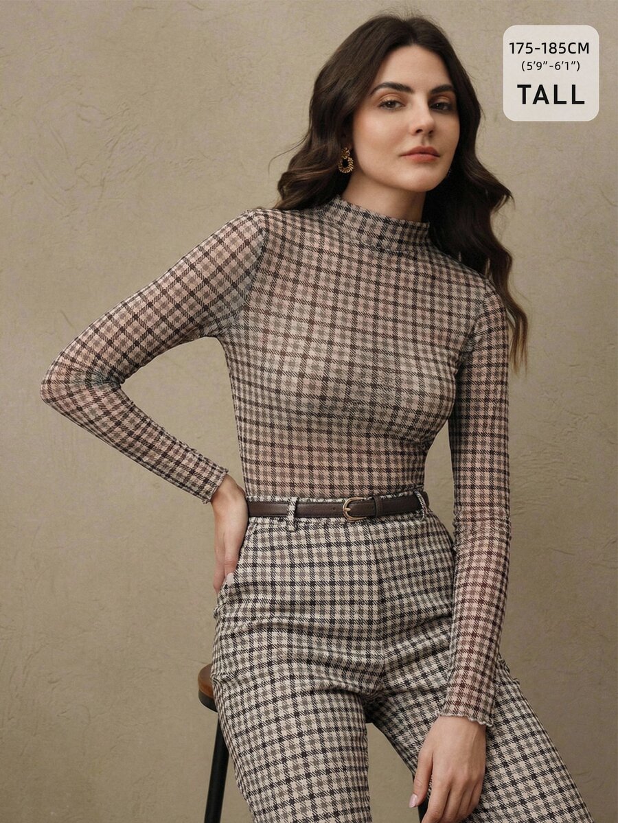Anewsta Tall Women's Houndstooth Pattern Stand Collar Long Sleeve Slim Fit Top - Brown - View 1