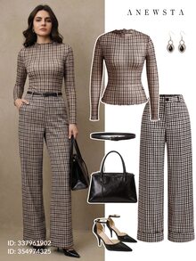 Anewsta Tall Women's Houndstooth Pattern Stand Collar Long Sleeve Slim Fit Top - Brown - View 2