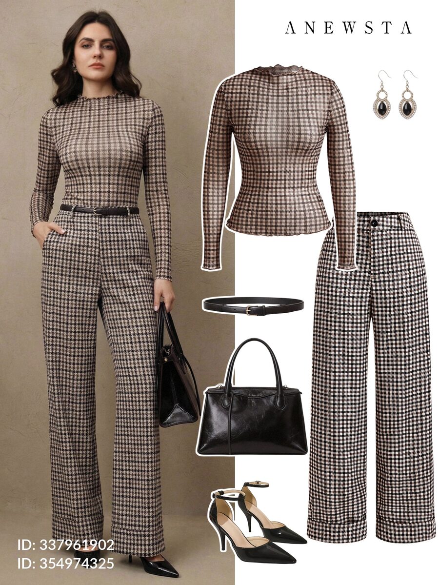 Anewsta Tall Women's Houndstooth Pattern Stand Collar Long Sleeve Slim Fit Top - Brown - View 1