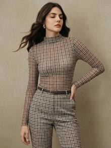 Anewsta Tall Women's Houndstooth Pattern Stand Collar Long Sleeve Slim Fit Top - Brown - View 5