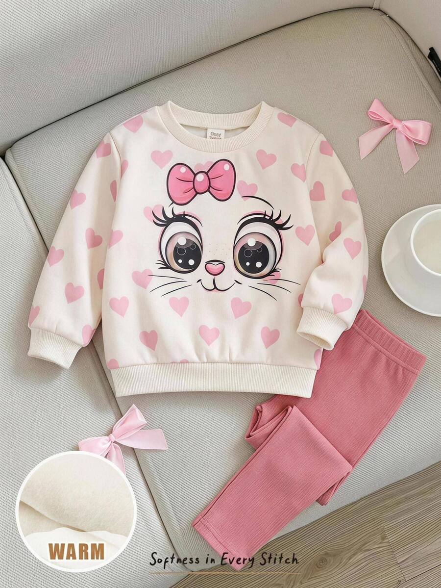 Cozy Pixies 2pcs Kids Baby Girl Casual Daily Comfortable Printed Hooded Pullover Loose Sweatshirt & Solid Color Knit Autumn Winter Pants 2 Pieces Set - Pink - View 1