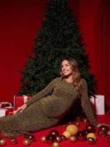 SHEIN Maternity Fashion Elegant Celestial Commute Rhinestone Embellished Fitted Dress Fall New Year Party Black And Gold - Brown - View 2