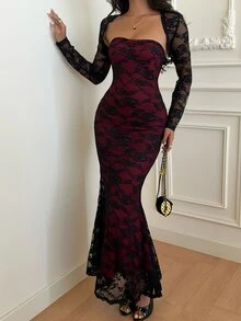 Sunnyshic Women's Lace Patchwork Red & Black Contrast Long Sleeve Dress - Black - View 5