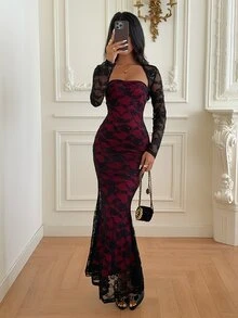 Sunnyshic Women's Lace Patchwork Red & Black Contrast Long Sleeve Dress - Black - View 9