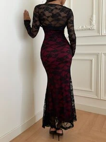 Sunnyshic Women's Lace Patchwork Red & Black Contrast Long Sleeve Dress - Black - View 3