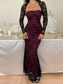Sunnyshic Women's Lace Patchwork Red & Black Contrast Long Sleeve Dress - Black - View 8