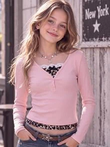 SHEIN Tween Girl Girls Pink Kids Ribbed Patchwork Leopard Print Trim 3D Bow Long Sleeve Pullover T-Shirt, Casual Autumn/Winter Top, Y2K Style Tween Girl - Pink - View 7