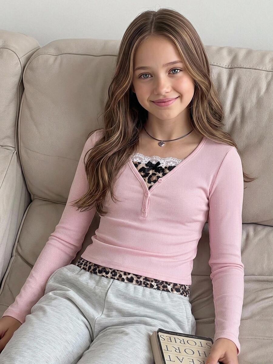 SHEIN Tween Girl Girls Pink Kids Ribbed Patchwork Leopard Print Trim 3D Bow Long Sleeve Pullover T-Shirt, Casual Autumn/Winter Top, Y2K Style Tween Girl - Pink - View 1