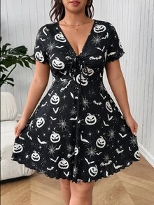 SHEIN EZwear Plus Size Everyday Casual Pumpkin Print Pleated Halloween Costume Dress - Black and White - View 5
