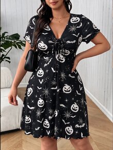 SHEIN EZwear Plus Size Everyday Casual Pumpkin Print Pleated Halloween Costume Dress - Black and White - View 4