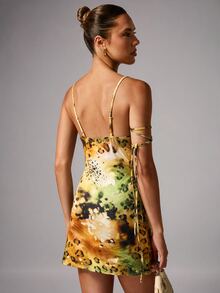 Avenya Sexy V-Neck Tie-Dye Print Lace Patchwork Women's Camisole A-Line Dress, Backless Mini Skirt - Multicolor - View 7