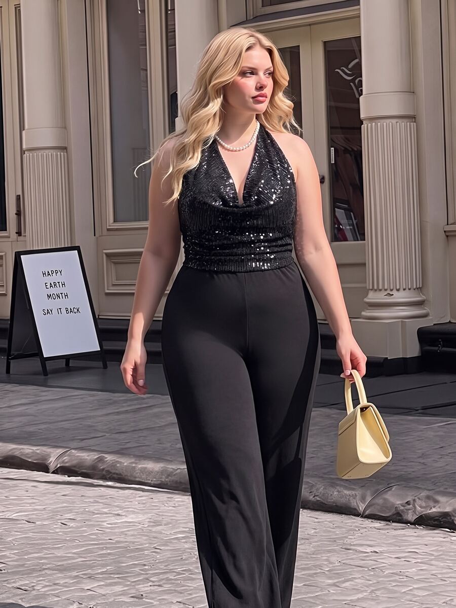 SHEIN MOD Plus Size Women's Backless Sequin Fitted Jumpsuit, Elegant Wide Leg Sleeveless Jumpsuit, Suitable For Party Wear, Black Christmas - Black - View 1