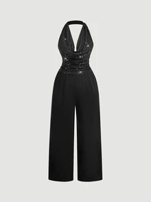 SHEIN MOD Plus Size Women's Backless Sequin Fitted Jumpsuit, Elegant Wide Leg Sleeveless Jumpsuit, Suitable For Party Wear, Black Christmas - Black - View 2
