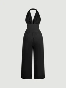 SHEIN MOD Plus Size Women's Backless Sequin Fitted Jumpsuit, Elegant Wide Leg Sleeveless Jumpsuit, Suitable For Party Wear, Black Christmas - Black - View 3
