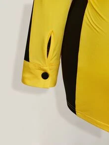 SHEIN ICON Plus Size Women's Zipper Front Long Sleeve Y2K Yellow & Black Contrast Color Romper, Halloween Fall - Yellow - View 12