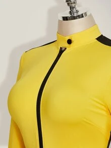 SHEIN ICON Plus Size Women's Zipper Front Long Sleeve Y2K Yellow & Black Contrast Color Romper, Halloween Fall - Yellow - View 6