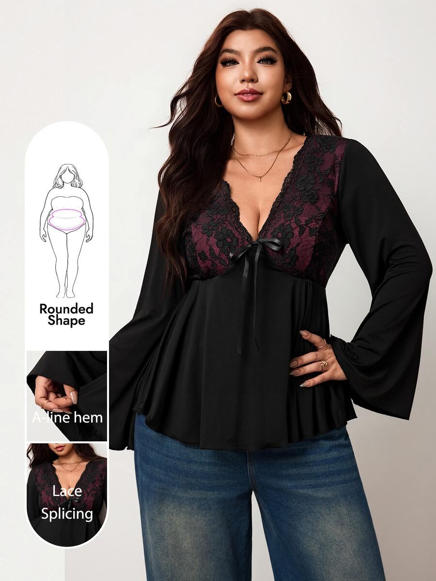 Enliva Plus-Size Women's Floral Lace Patchwork Black Babydoll TopApple,Rounded Body Fall Halloween Party Going Out Date Night Romantic Elegant - Multicolor - View 1