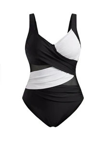 SHEIN Swim Curve Plus Size Women's Crisscross Ombre Mesh Patchwork One-Piece Swimsuit, Summer Beach Vacation - Black and White - View 6