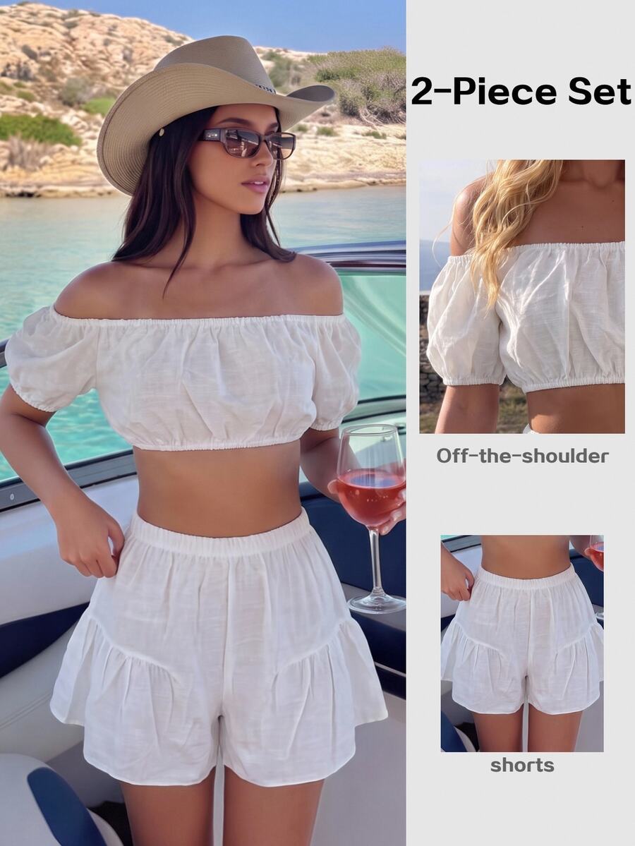 SHEIN Swim 夏季休閒度假露肩短版上衣與鬆緊腰短褲兩件套 - 白色 - 查看 1
