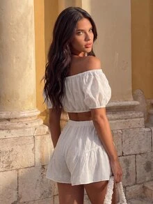 SHEIN Swim 夏季休閒度假露肩短版上衣與鬆緊腰短褲兩件套 - 白色 - 查看 2